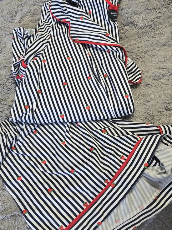 kate spade Other - kate spade Navy & White Striped Pajama Set with Red Strawberry Embroidery